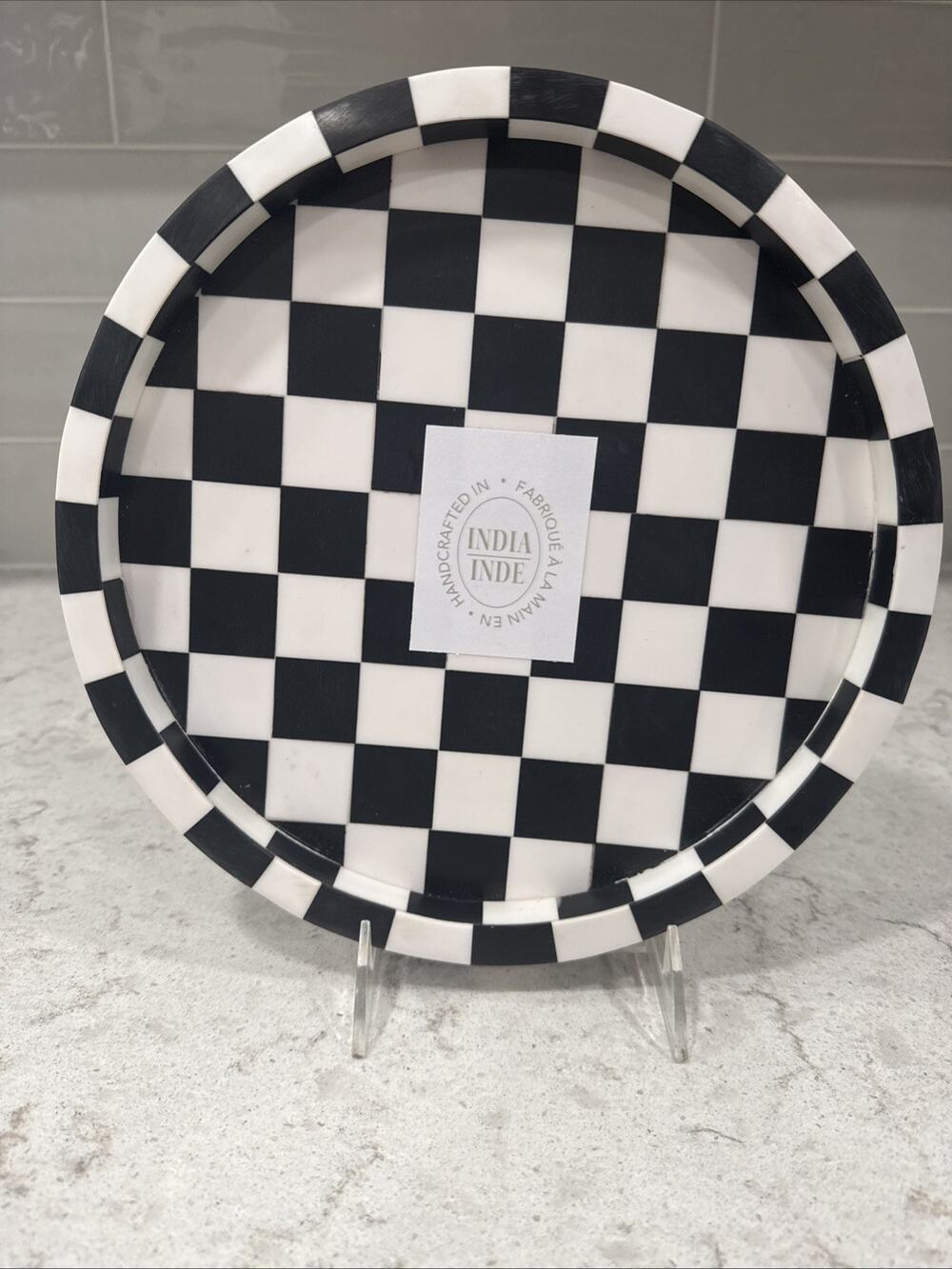 Checkered Black & White 10” Round Table Scape Tray Riser Felt Bottom NEW